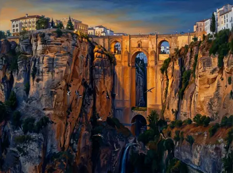 لوحة زيتية لجسر حجري يمتد عبر مضيق روندا الأندلسي