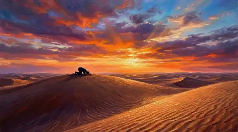 Ölgemälde einer Silhouette, die auf einer Sanddüne unter einem feurigen Abendhimmel kniend betet