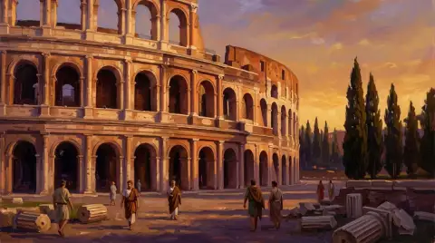 Oljemålning av det antika Colosseum som glöder i bärnsten vid solnedgången i Rom