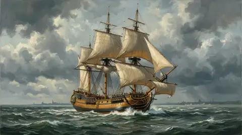 Oil painting of a Dutch East India Company fluyt sailing through a stormy sea