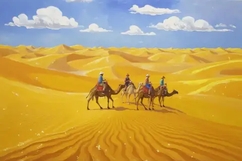 ドバイの黄金の砂丘でのキャメルライダー