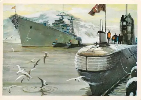 Картина маслом с изображением военного корабля и подводной лодки, стоящих вместе в тихой зимней гавани