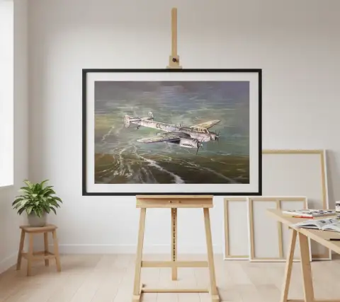洋上を低空飛行するドイツ偵察機を描いた油絵