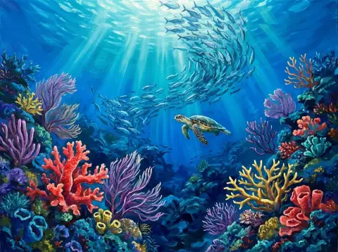 太陽の光が差し込む青い海で、色鮮やかなサンゴ礁の上を泳ぐウミガメの油絵