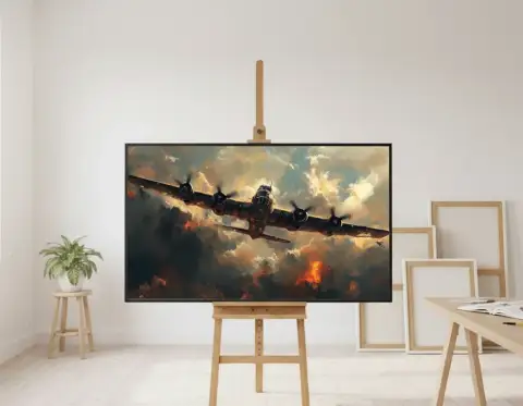 B-17フライングフォートレス爆撃機が炎と煙に包まれ、嵐の空を飛ぶ油絵