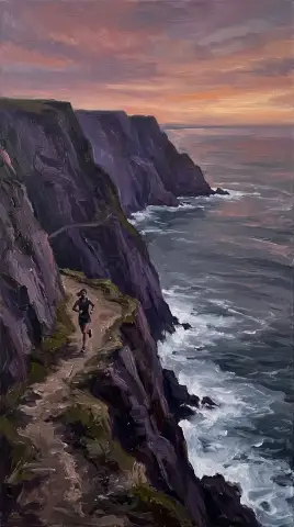 夕日の中、狭い崖の道を海の上を一人で走るランナーの油彩画