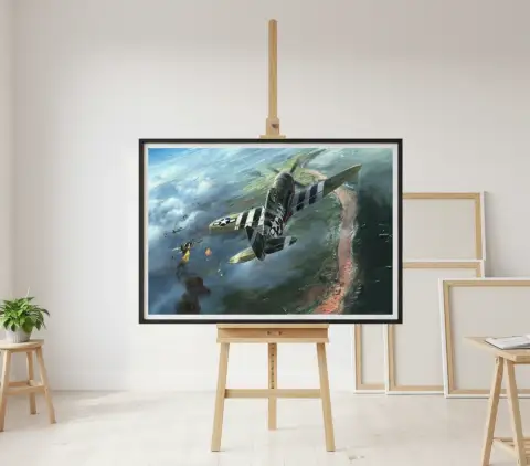 Картина маслом: истребитель P-47 «Тандерболт» в воздушном бою над побережьем Нормандии