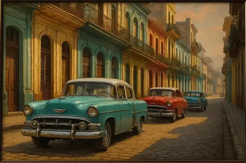 ハバナ旧市街のカラフルな通りに駐車されたヴィンテージアメリカ車の油絵