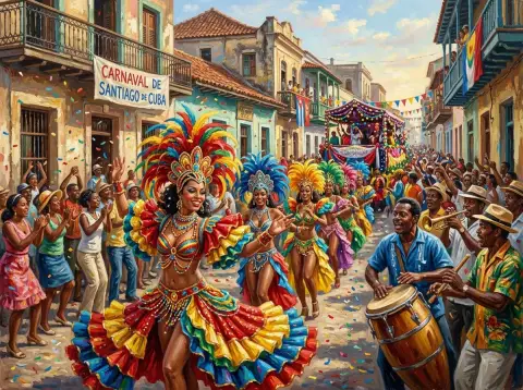 Oljemaleri av en fjærkledd karnevalsdanser som leder en fargerik gateparade i Santiago de Cuba