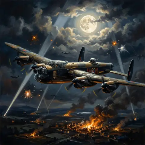 Oil painting of a Lancaster bomber flying under a full moon during a night raid