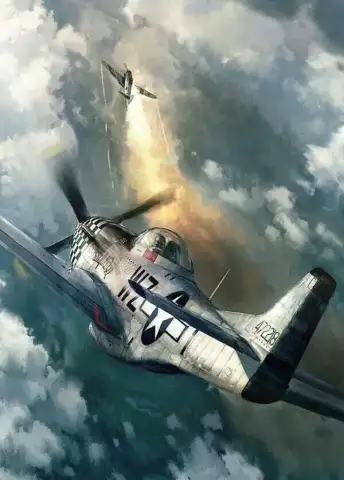 嵐の雲の中を飛び、そのうちの一機が煙を引きながら飛ぶ、2機のヴィンテージ戦闘機の油絵