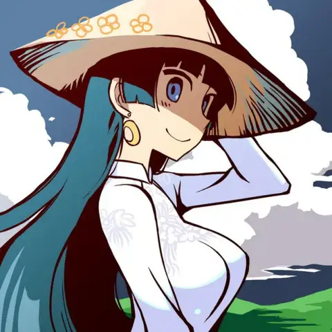 白いアオザイと円錐形の帽子をかぶったアニメ風の少女を雲を背景に描いた油絵