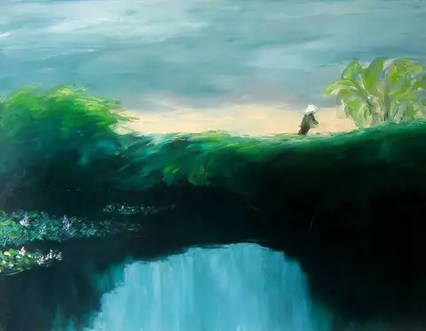 Hand-painted oil painting of a farmer walking a lush green ridge above a calm river