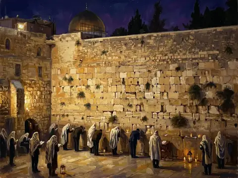 لوحة زيتية للمصلين يصلون عند حائط المبكى في القدس ليلاً مع قبة الصخرة في المسافة