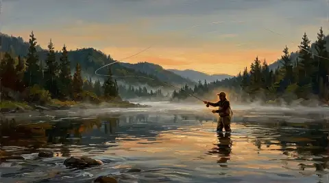 山を背景に、夜明けの霧立ちこめる川でフライフィッシングをする釣り人を描いた油絵