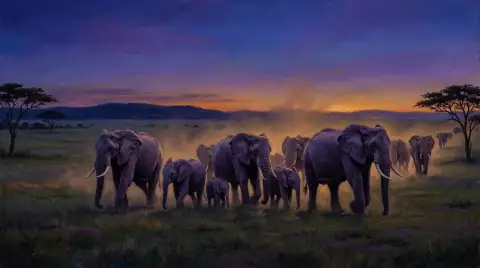 夕暮れのサバンナを歩くアフリカゾウの群れの油絵