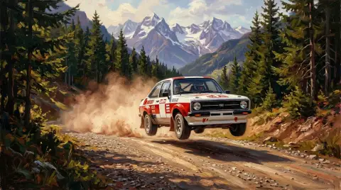 Картина маслом, изображающая винтажный раллийный автомобиль, поднимающий пыль на грунтовой горной дороге