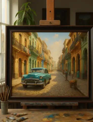 Oljemaleri av en teal veteranbil parkert på en fargerik brosteinsgate i Havana, Cuba
