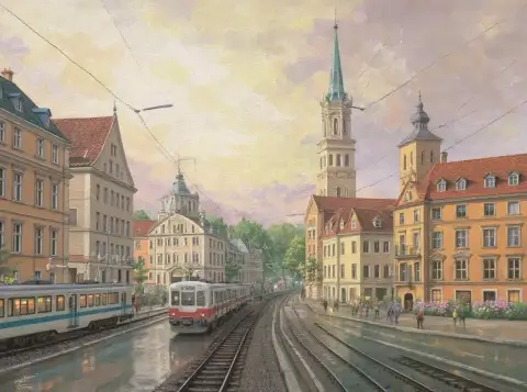 Tog krysser i det historiske sentrum av Berlin