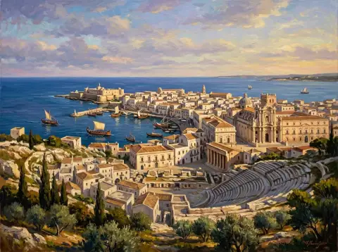 لوحة زيتية لمدينة سيراكيوز، صقلية، تُظهر مسرحها القديم ومنظر الميناء عند الغروب