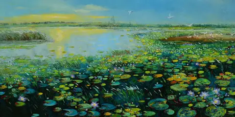黄金時間帯にスイレンの葉と蓮の花で覆われた湿地を描いた油絵