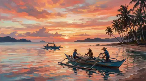 穏やかな熱帯の海で、日の出の中、バンカ船で釣りをする漁師