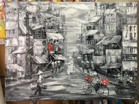 لوحة زيتية أحادية اللون لشارع في الحي القديم الفيتنامي مع لمسة زهرة حمراء