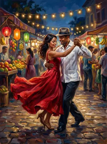Масляная картина пары, танцующей бачату под гирляндами на ночном рынке
