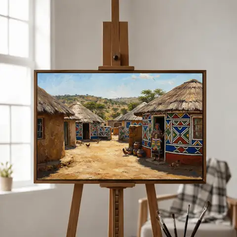 南アフリカのンデベレ族の絵付け家屋の村