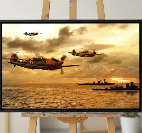 Картина маслом трех истребителей Люфтваффе BF109, летящих над морем на закате в Северной Африке