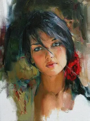 Oil portrait of a young Vietnamese woman with wind-swept hair and a red flower behind her ear