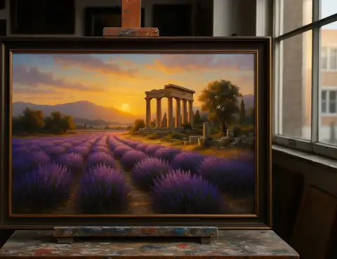 لوحة زيتية لحقل خزامى يمتد نحو أطلال معبد يوناني قديم عند الغروب
