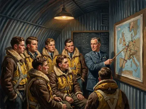Картина маслом: офицер проводит инструктаж с пилотами RAF