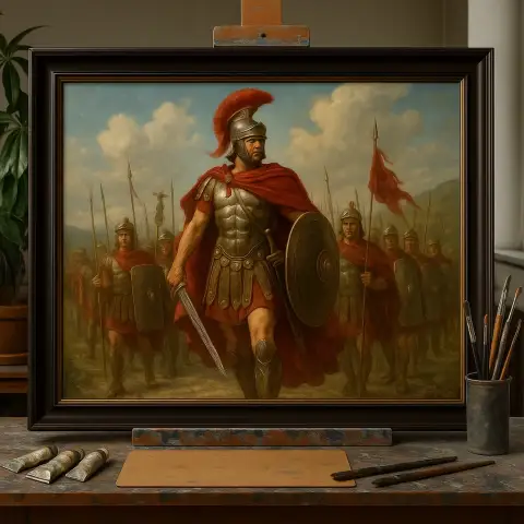 金の鎧をまとったマルスが赤い旗とともにローマ軍の隊列を率いる油絵