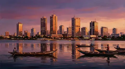 لوحة زيتية لأفق أبيدجان عند الغسق مع ناطحات سحاب تنعكس في بحيرة وقاربين