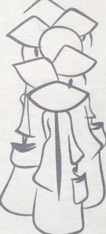 緩やかな青い線で描かれた、流れるようなローブと円錐形の帽子を身につけた立っている人物の抽象的な油絵スケッチ