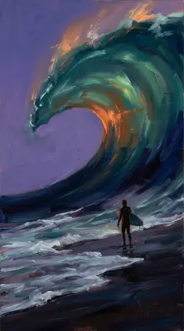 夕暮れ時にそびえ立つ渦巻く海の波の前に立つサーファーの油絵