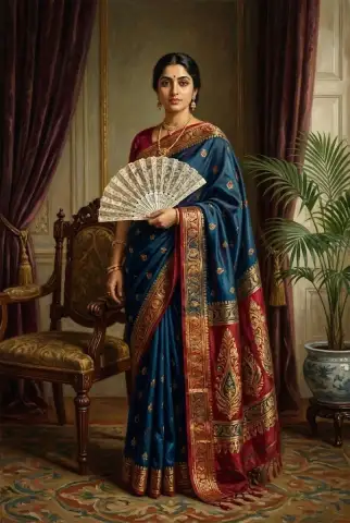 青と金のサリーを着た女性が、優雅な部屋で装飾的な扇子を持っている油絵