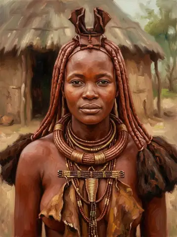 黄土色の肌と三つ編みの髪、ビーズの装飾を身につけたヒンバ族の女性の油絵