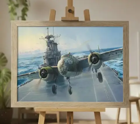 空母の甲板から離陸するB-25ミッチェル爆撃機の油絵