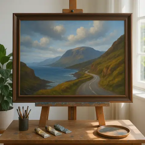 Framed oil painting of a coastal Highland road displayed above a sofa in a living room