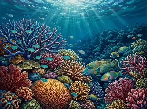 熱帯魚と色とりどりのサンゴ礁を水中に描いた油絵