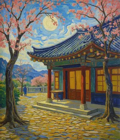 韓国の茶のバルコニーに咲く桜の花 - ゴッホにインスパイアされた
