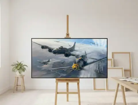 لوحة زيتية لتشكيل من قاذفات B-17 تحلق في القتال