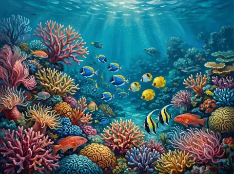 グレートバリアリーフの水中で色鮮やかなサンゴ礁と熱帯魚を描いた油絵