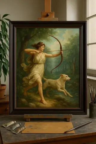 太陽の光が差す森で猟犬とともに弓を引く女神ダイアナを描いた油絵