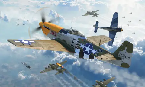 Картина маслом: истребитель P-51 Mustang с желтым носом разворачивается в облаках во время воздушного боя Второй мировой войны