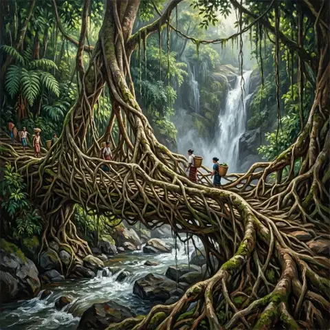 Ölgemälde einer lebenden Wurzelbrücke über einem Dschungelbach in Meghalaya, Indien