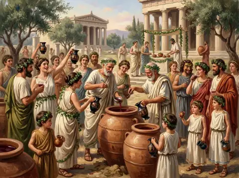 古代ギリシャのアンテステリア祭でワインを注ぐローブ姿の人々の油絵